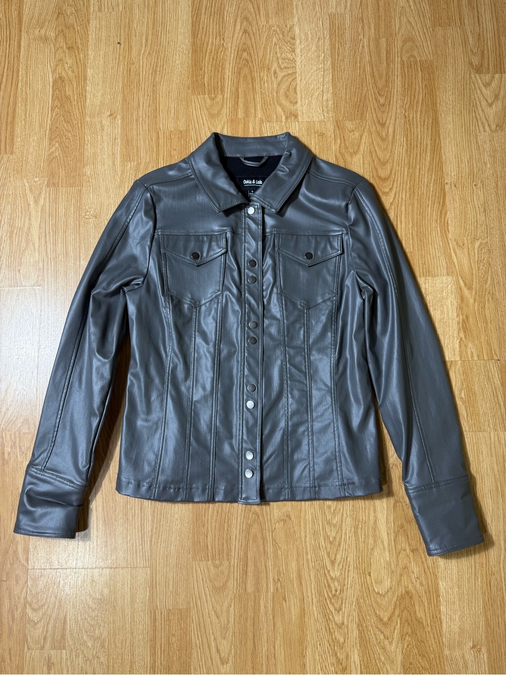 Ookie & lala  Charcoal Faux Leather Snap-Front Jacket - Size S